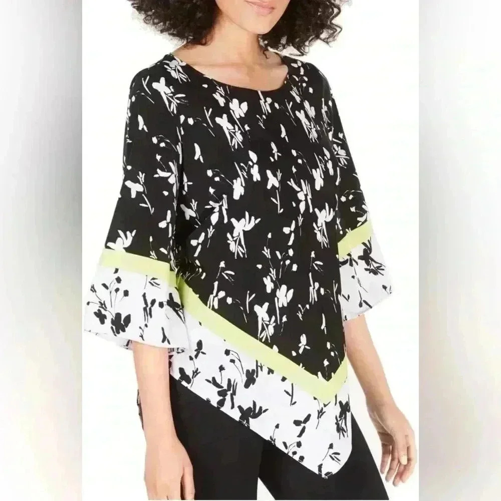 Alfani Women's Printed Asymmetrical-Hem Abstract Print 3/4 Sleeve Top Size XL